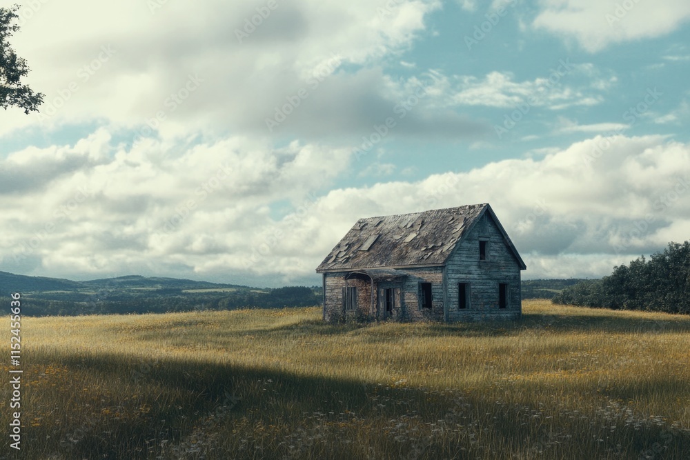 Abandoned house surrounded by tall grass, perfect for rustic or countryside-themed projects Abandoned house surrounded by tall grass, perfect for rustic or countryside-themed projects