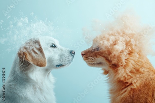 Two pets face each other with dynamic cloud-like effects in a light blue background, showcasing a unique visual interaction and charm photo