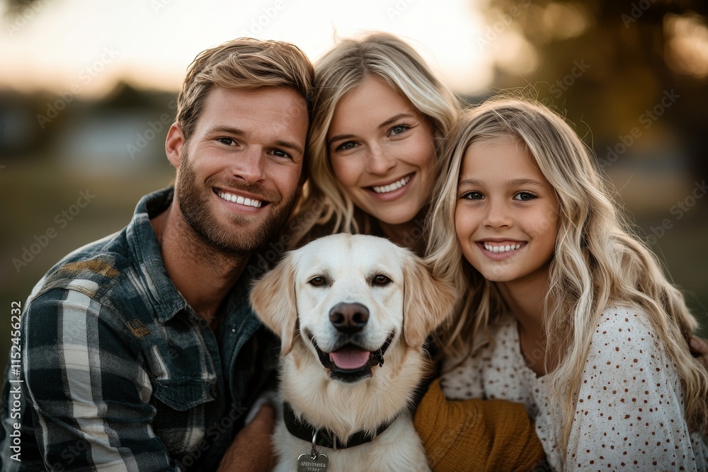 Family enjoys a joyful moment with their golden retriever outdoors during a warm sunset Family enjoys a joyful moment with their golden retriever outdoors during a warm sunset