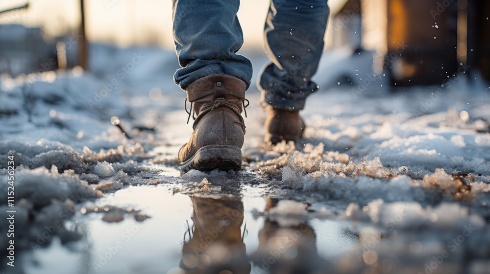 A person's boots are covered in snow and water A person's boots are covered in snow and water