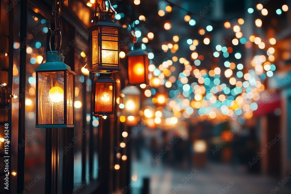 Lanterns illuminate a vibrant street adorned with string lights during a lively evening atmosphere Lanterns illuminate a vibrant street adorned with string lights during a lively evening atmosphere