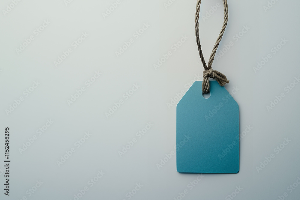 Fototapeta premium Minimalist blue tag on rope, design for branding and labels