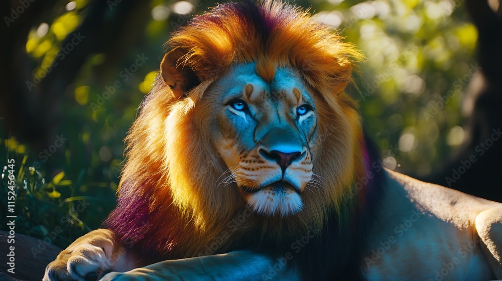 Fototapeta premium Regal lion shining with colorful rainbow mane piercing blue eyes image