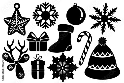 Festive Christmas Silhouettes Set: Santa Hat, Snowflake, Tree, Candy Cane, Reindeer & More