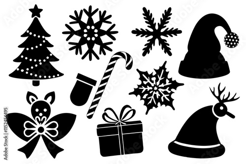 Festive Christmas Silhouettes Set: Santa Hat, Snowflake, Tree, Candy Cane, Reindeer & More