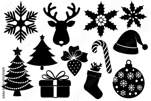 Festive Christmas Silhouettes Set: Santa Hat, Snowflake, Tree, Candy Cane, Reindeer & More