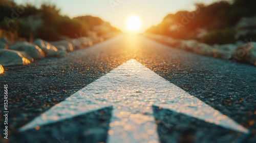 An asphalt road extends into the distance, with a white arrow painted on it pointing forward, embodying motivation, progress, and the concept of perpetual growth and advancement. photo