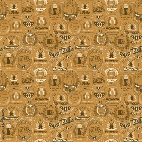 Vector seamless pattern on the theme of beer with various beer labels with images of barrels, beer glasses, mills, laurel wreathes, ears of wheat and other in retro style on orange background