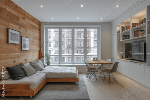 Photographie d’un studio étudiant au design minimaliste, équipé d’un lit escamotable, d’une table à manger pliable, de murs blancs épurés, et de rangements intégrés, espace de vie fonctionnel