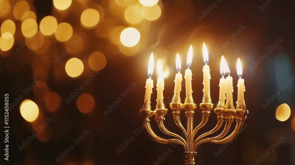 Fototapeta premium hanukkah gold menorah with lit candles against blurred background festive celebration