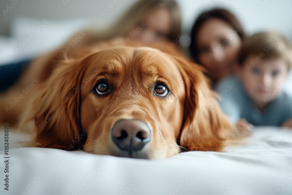 Golden retriever relaxes on bed with family members in cozy indoor setting during daytime Golden retriever relaxes on bed with family members in cozy indoor setting during daytime