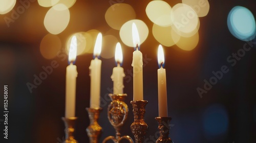 hanukkah gold menorah with lit candles against blurred background festive celebration photo