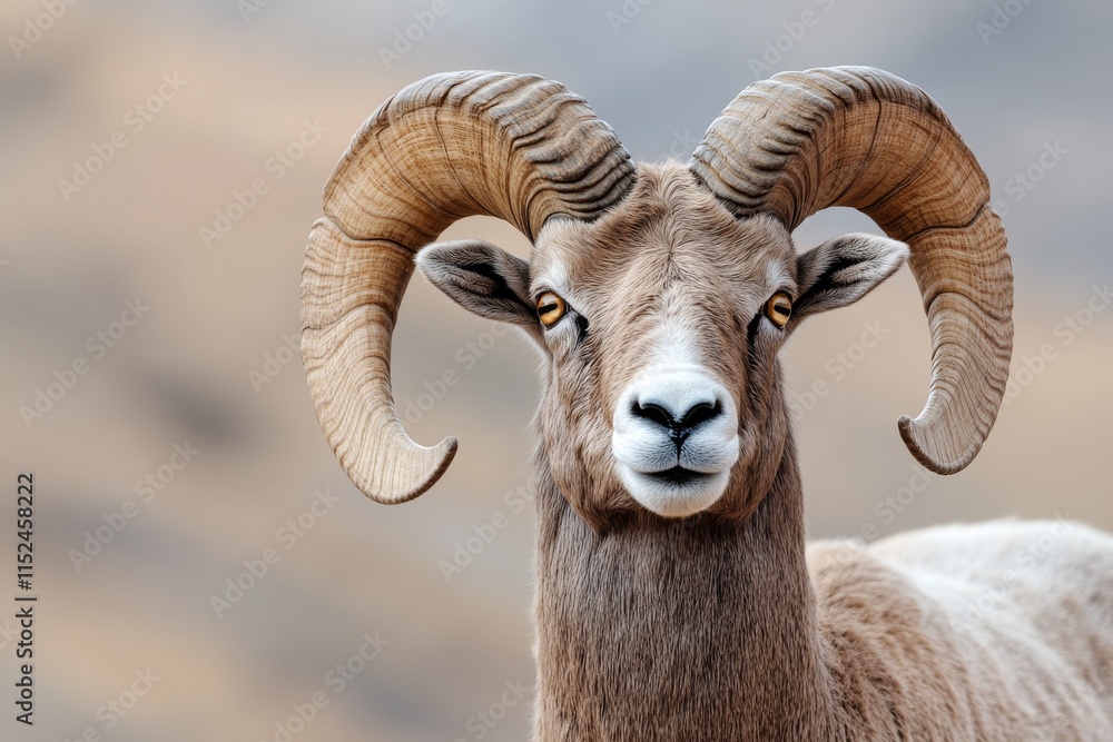 Bighorn sheep stands proudly on rocky terrain in the wilderness during golden hour light Bighorn sheep stands proudly on rocky terrain in the wilderness during golden hour light