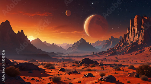 Alien planet landscape, dusk or dawn desert surface with mountains, rocks and sun shining on red and orange starry sky. Space extraterrestrial computer game background, cartoon vector illustration