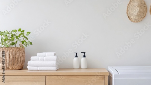 Wallpaper Mural Cozy and Minimalistic Bathroom Interior with Towels and Green Plant in Contemporary Design Torontodigital.ca