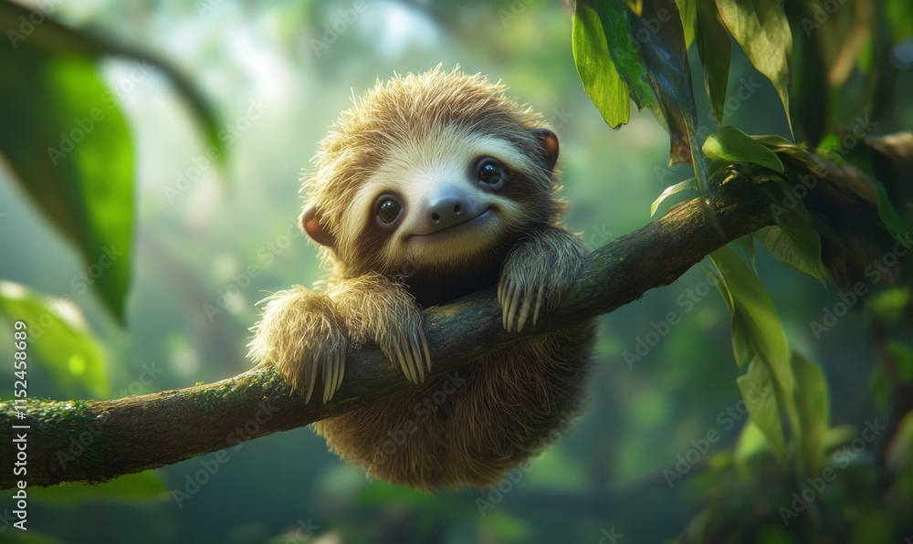 Baby sloth clinging to a branch in a lush rainforest, its soft fur glistening in the light. Baby sloth clinging to a branch in a lush rainforest, its soft fur glistening in the light.