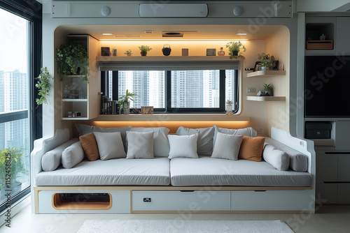 Photographie d’un studio étudiant au design minimaliste, équipé d’un lit escamotable, d’une table à manger pliable, de murs blancs épurés, et de rangements intégrés, espace de vie fonctionnel photo