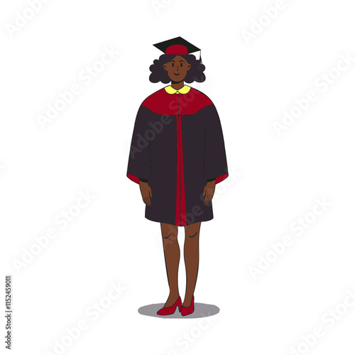 Graduate black female student wearing gown and cap standing. Flat modern vector illustration. Full height character portrait.