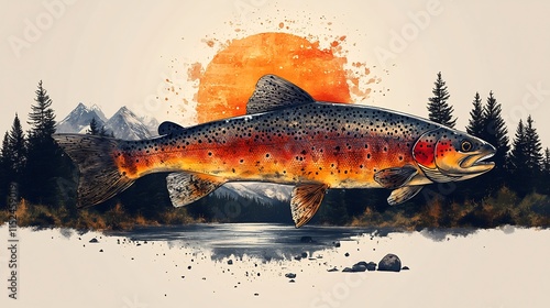 Aquatic fishing graphic of trout isolated vector design trophy angling illustration