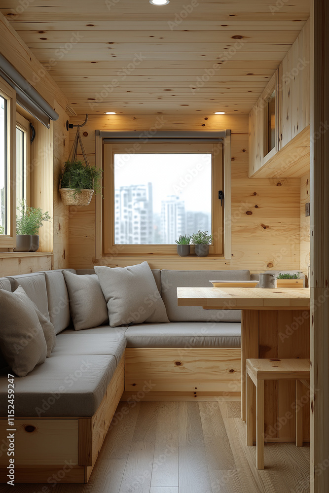 Obraz premium Photographie d’un studio étudiant au design minimaliste, équipé d’un lit escamotable, d’une table à manger pliable, de murs blancs épurés, et de rangements intégrés, espace de vie fonctionnel