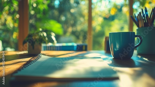 An employee handbook and policy documents binder from a company is open on a desk, amidst office supplies and a coffee cup. photo