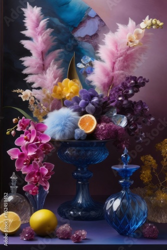 Vibrant orchids in glass vases with colorful crystals and lemons on soft pastel background. Perfect for floral, home decor, or interior design themes. Bright, elegant, and artistic composition.