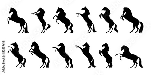 Silhouettes of rearing horses in various poses on a white background