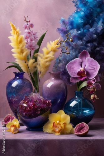 Vibrant orchids in glass vases with colorful crystals and lemons on soft pastel background. Perfect for floral, home decor, or interior design themes. Bright, elegant, and artistic composition.