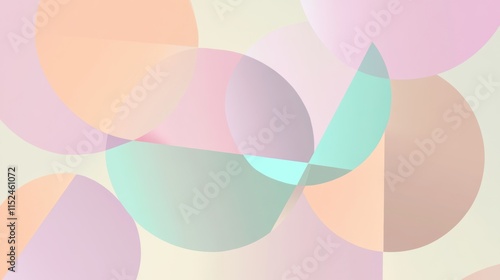 Minimalist abstract design with overlapping pastel circles and triangles in muted tones of peach, lavender, and mint, featuring layered transparency and smooth geometric transitions. Background