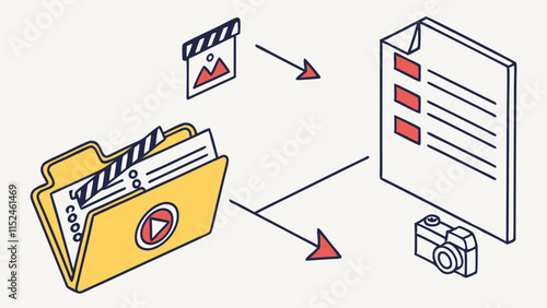 3d folder and paper for management multimedia movie file, paperwork multiple signs on database. Image and video document minimal folder icon. 3d cinema icon vector render illustration
