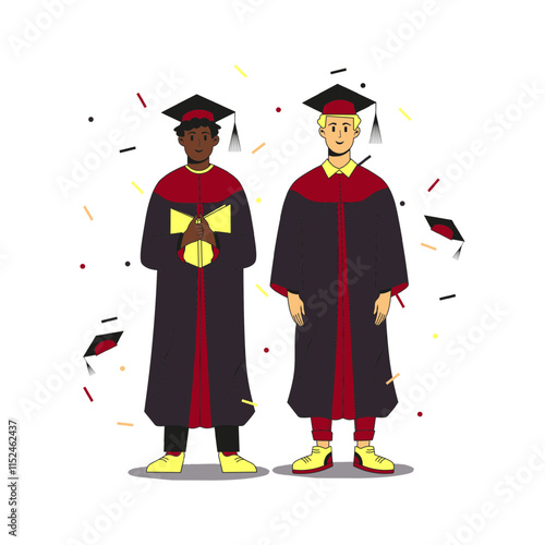 Two multiracial students wearing gown and cap at graduation ceremony standing on the scene. Throwing caps and confetti around. Flat modern vector illustration. Full height characters.