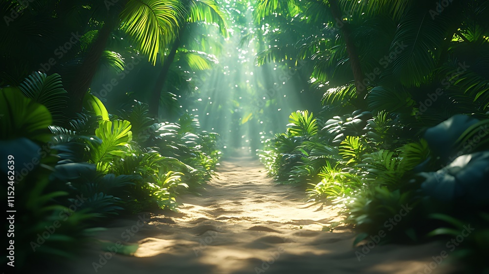 Obraz premium Sunbeams illuminate a sandy path through a lush, green tropical jungle.