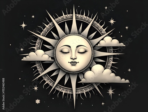 Celestial artwork featuring sun and moon with clouds in a starry night sky