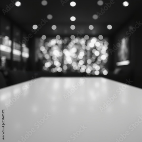 Blurred runway, fashion show catwalk, spotlights, bokeh lights, black and white photography, minimalist, abstract, high contrast, depth of field, monochrome aesthetic, out of focus background, stage l photo