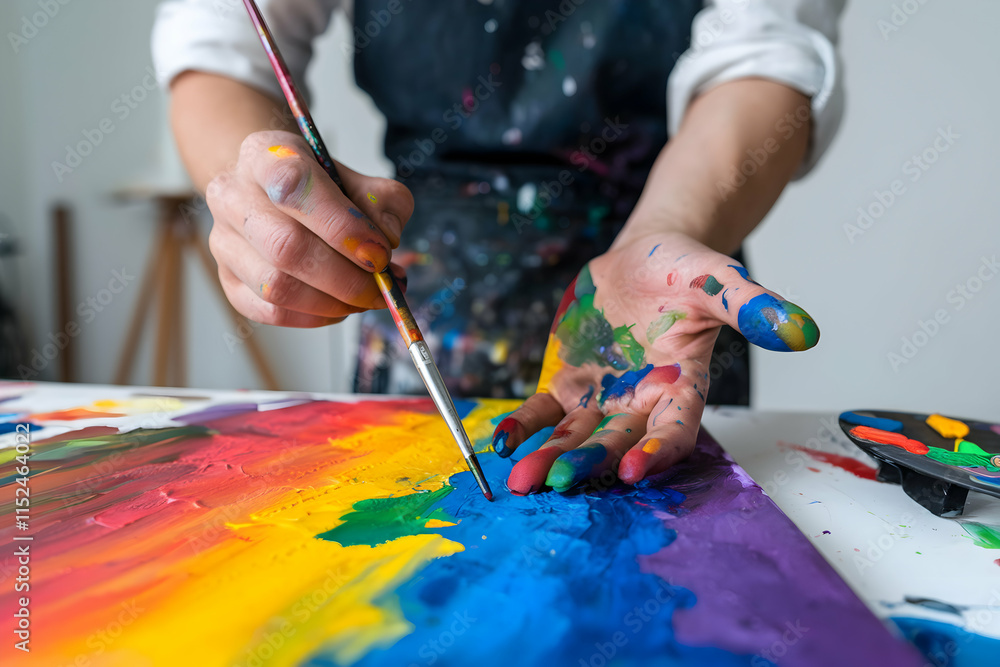 Naklejka premium Paint Stained Hands in Creative Artistic Process