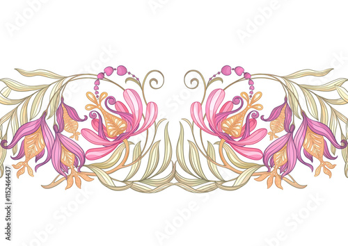 Fantasy flowers in retro, vintage, jacobean embroidery style. Seamless pattern, background. Vector illustration.