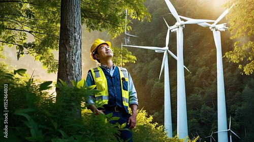 Engineer in Safety Gear Observing Wind Turbines in a Lush Forest Setting Under Bright Sunlight

 photo