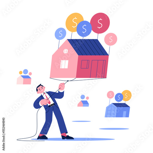 A businessman tries to hold up a flying house that is tied to balloons. Rising real estate prices. Rising interest on home mortgages. Economic crisis. Vector illustration.