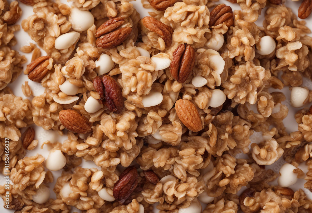 Crunchy granola muesli pile with nuts isolated on white background top view Crunchy granola muesli pile with nuts isolated on white background top view