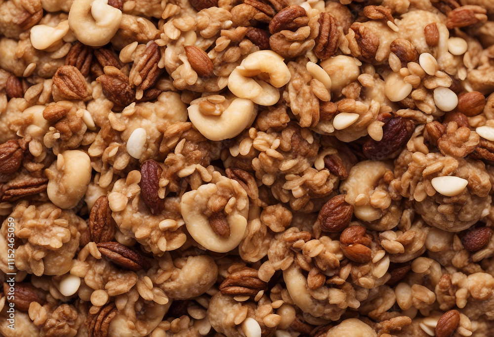 Crunchy granola muesli pile with nuts isolated on white background top view Crunchy granola muesli pile with nuts isolated on white background top view
