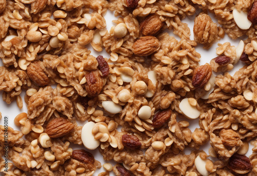 Crunchy granola muesli pile with nuts isolated on white background top view