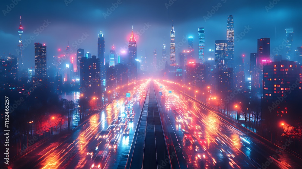 Fototapeta premium Futuristic cityscape at night, viewed from an elevated perspective, showcasing a highway filled with light trails from moving vehicles, and skyscrapers with vibrant neon lights.