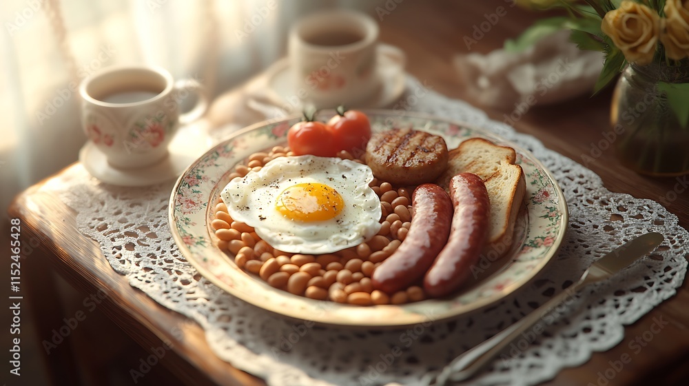 Delicious Breakfast Plate With Fried Egg Sausages Beans And Toast Delicious Breakfast Plate With Fried Egg Sausages Beans And Toast