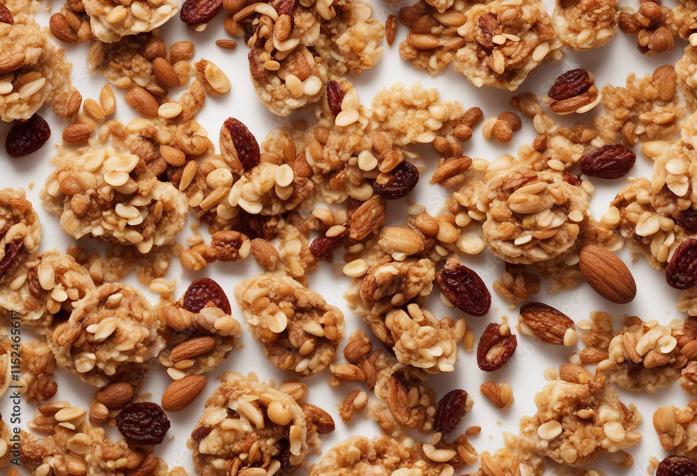 Crunchy granola muesli pile with nuts isolated on white background top view Crunchy granola muesli pile with nuts isolated on white background top view