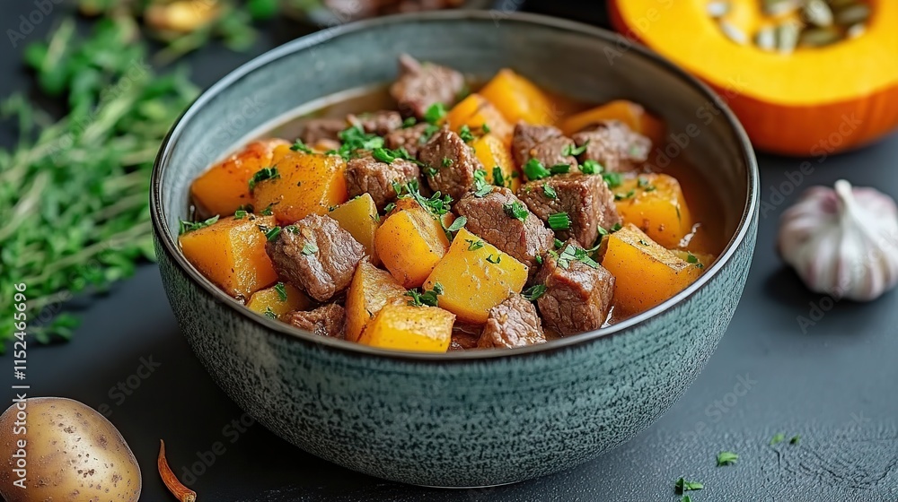 Hearty beef stew with potatoes and pumpkin in a rustic bowl. Hearty beef stew with potatoes and pumpkin in a rustic bowl.
