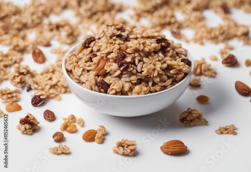 Crunchy granola muesli pile with nuts isolated on white background top view