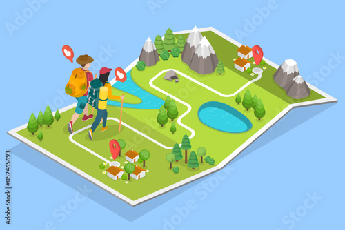 3D Isometric Flat Vector Illustration of Hiking Map, Hikers Exploring The Great Outdoors