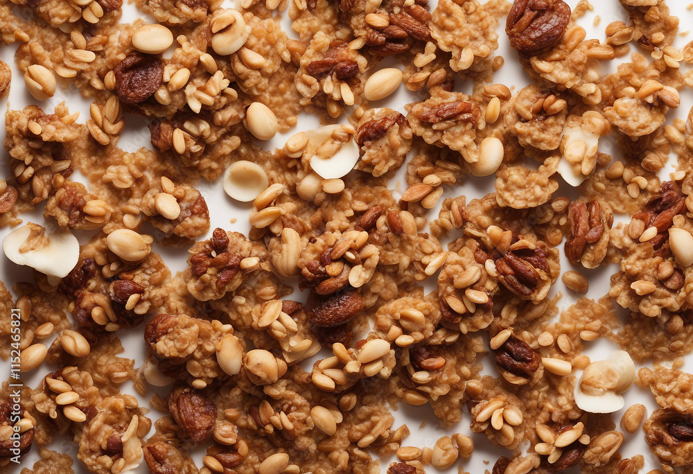 Crunchy granola muesli pile with nuts isolated on white background top view Crunchy granola muesli pile with nuts isolated on white background top view