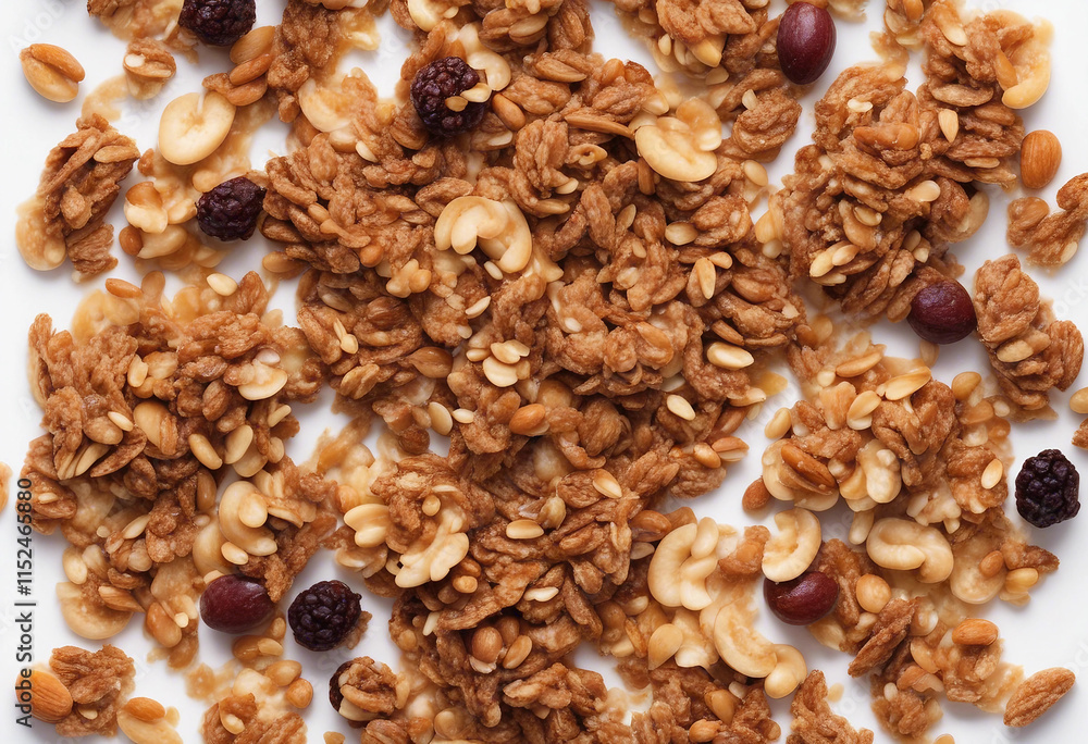 Crunchy granola muesli pile with nuts isolated on white background top view Crunchy granola muesli pile with nuts isolated on white background top view