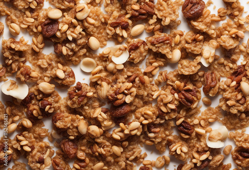 Crunchy granola muesli pile with nuts isolated on white background top view